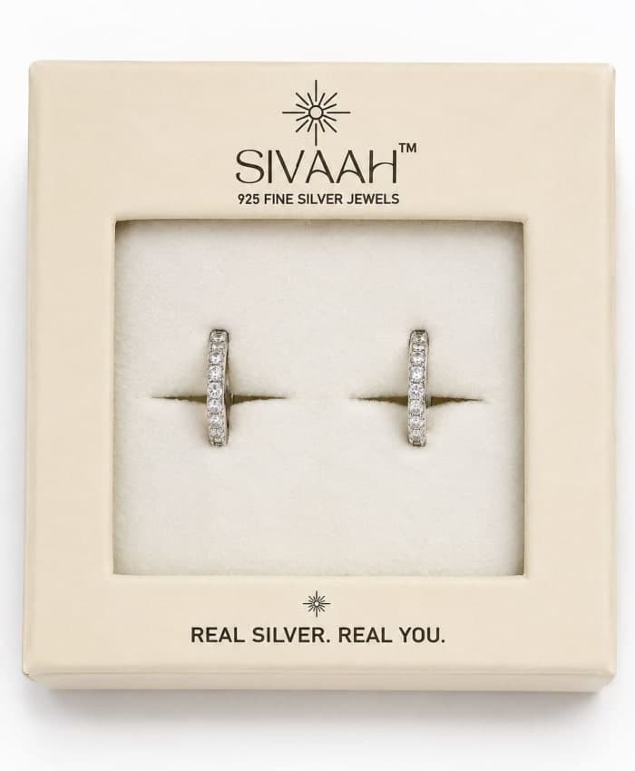 925 Sterling Silver Crystal Huggie Hoop Bali Earrings