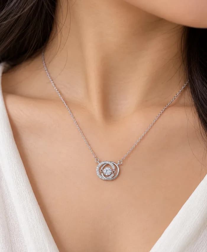 925 Sterling Silver Dancing Solitaire Swirl Halo Pendant Necklace