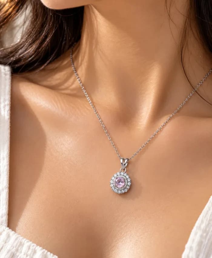 925 Sterling Silver Blush Pink Solitaire Double Halo Pendant