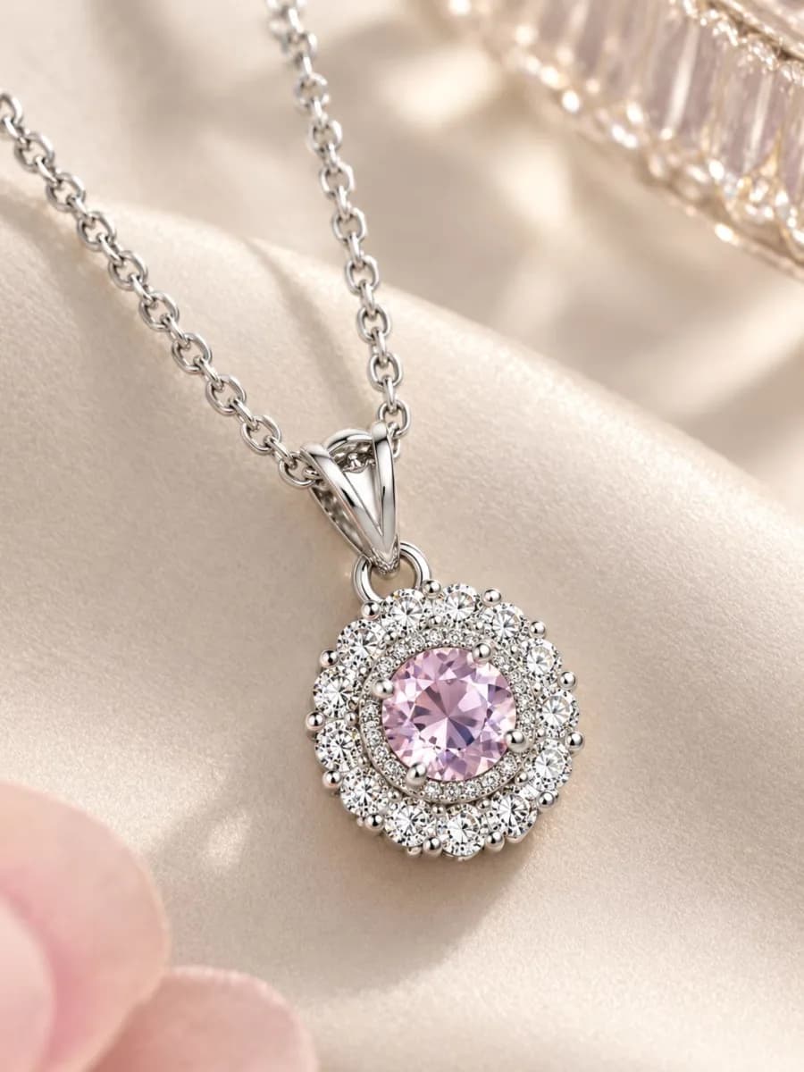 925 Sterling Silver Blush Pink Solitaire Double Halo Pendant – 925 sterling silver jewellery by SIVAAH